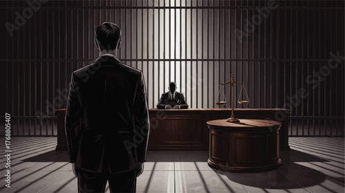 Dramatic Courtroom Illustration with Shadowy Figures, Justice Scales and Strong Lighting for Legal Concepts and Law Themes