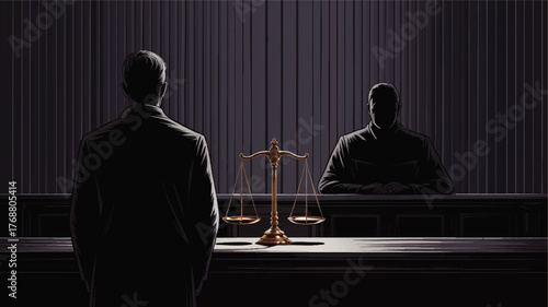 Dramatic Courtroom Illustration with Justice Scales, Judge and Defendant Silhouettes, Dark Legal Scene for Law Concepts