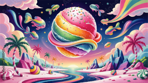 Surreal Candy Fantasy Landscape with Rainbow Planet, Flying Fishes, and Palm Trees in Vibrant Pastel Colors Illustration