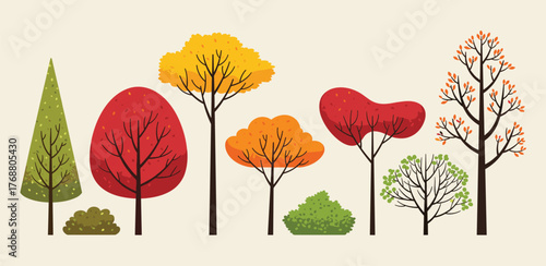 A vibrant and stylized collection of autumn forest trees and bushes with colorful red, orange, and yellow foliage
