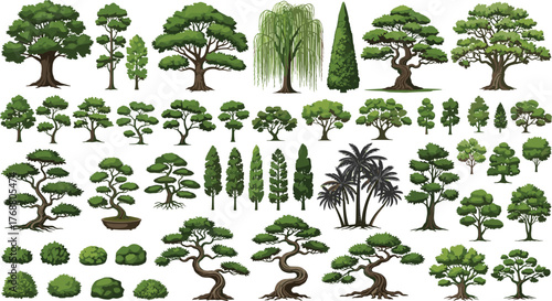 Collection of diverse trees and plants, including bonsai, cypress, palms, and topiaries, perfect for natural scenes and landscaping projects