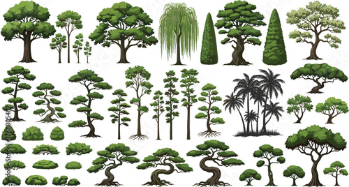 A comprehensive collection of assorted green trees, shrubs, and bonsai illustrations for nature-themed designs