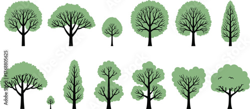 Collection of stylized trees with green foliage and brown branches, illustrating various shapes and sizes