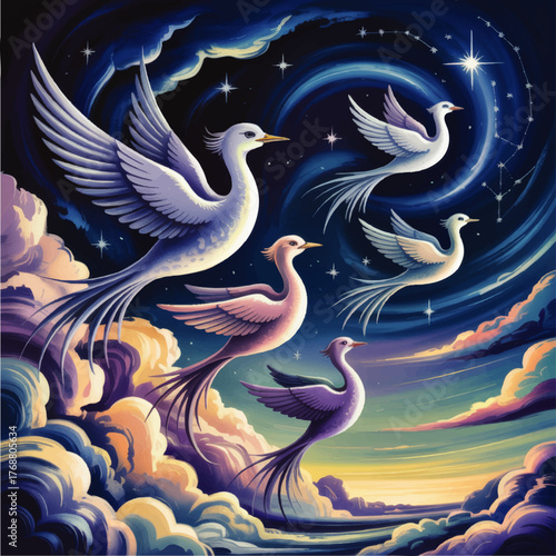 Surreal Fantasy Birds Flying Through Vibrant Night Sky with Constellations and Colorful Clouds, Mystical Dreamscape Art