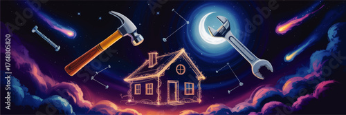 Surreal Dreamy House Construction in Outer Space with Floating Tools, Wrench and Hammer, Cosmic Night Sky, Fantasy Home Repair Illustration