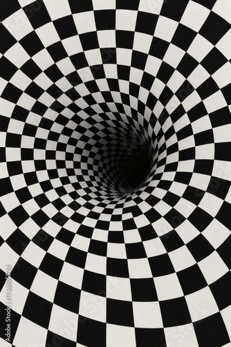 An infinite, optical illusion spiral tunnel of black and white squares converges into the darkness. A captivating visual with a hypnotizing effect.