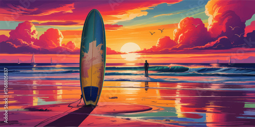 Vibrant Colorful Beach Sunset with Surfboard, Sailboats, and Surfer Reflections – Digital Art for Summer, Adventure, and Travel Concepts