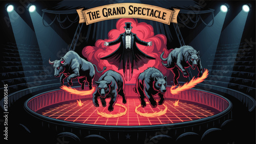 Dramatic Circus Ringmaster with Performing Wolves and Bull Leaping Through Flaming Hoops in Theatrical Arena - Vector Illustration