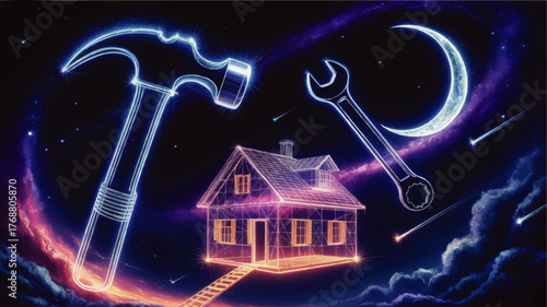 Surreal Night Sky with Glowing House, Neon Hammer and Wrench Constellations, and Crescent Moon Among Cosmic Clouds