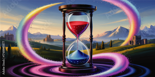Surreal Hourglass with Rainbow Energy Swirl in Mystical Landscape, Vibrant Fantasy Art with Mountains and Ruins