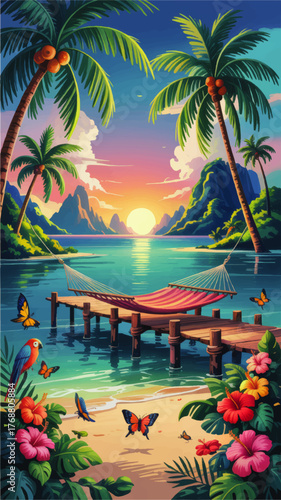 Tropical Paradise Sunset with Hammock on Wooden Pier, Palm Trees, Vibrant Flowers, Butterflies, and Parrot – Summer Vacation Illustration