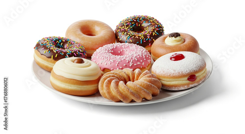 A delectable assortment of donuts on a pristine white plate, showcasing a variety of flavors and toppings, perfect for breakfast or a sweet treat