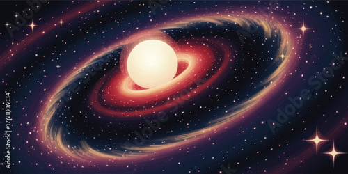 Vivid Cosmic Galaxy Art with Glowing Planet and Swirling Rings, Colorful Space Illustration, Starry Sky Digital Background