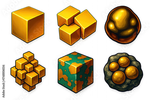 3D Pyrite Icons. 3D icon set of pyrite structures: cubic pyrite block, interlocked golden cubes, brassy metallic reflection,