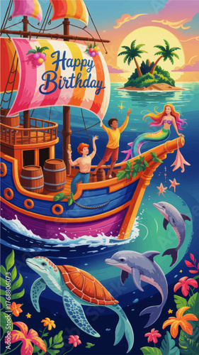 Vibrant Pirate Ship Birthday Scene with Mermaid, Dolphins, Sea Turtle, and Tropical Island at Sunset – Colorful Kids Fantasy Illustration
