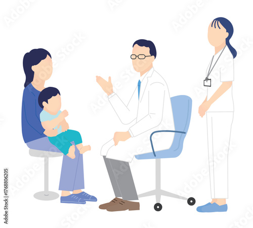 患者を診察する医者と看護師のシンプルイラスト素材