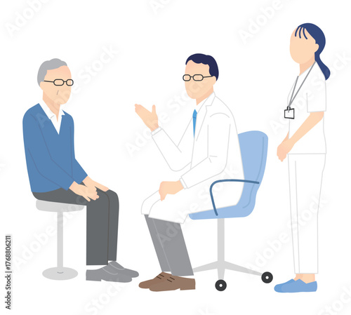 患者を診察する医者と看護師のシンプルイラスト素材
