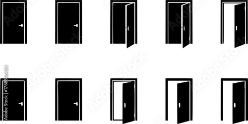 Collection of simple door icons in various open and closed states illustrating access and entry concepts.
