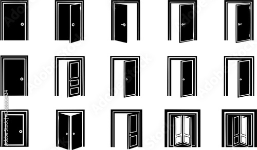 Collection of simple door icons in various open and closed states illustrating access and entry concepts.
