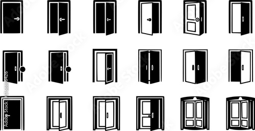 Collection of simple door icons in various open and closed states illustrating access and entry concepts.
