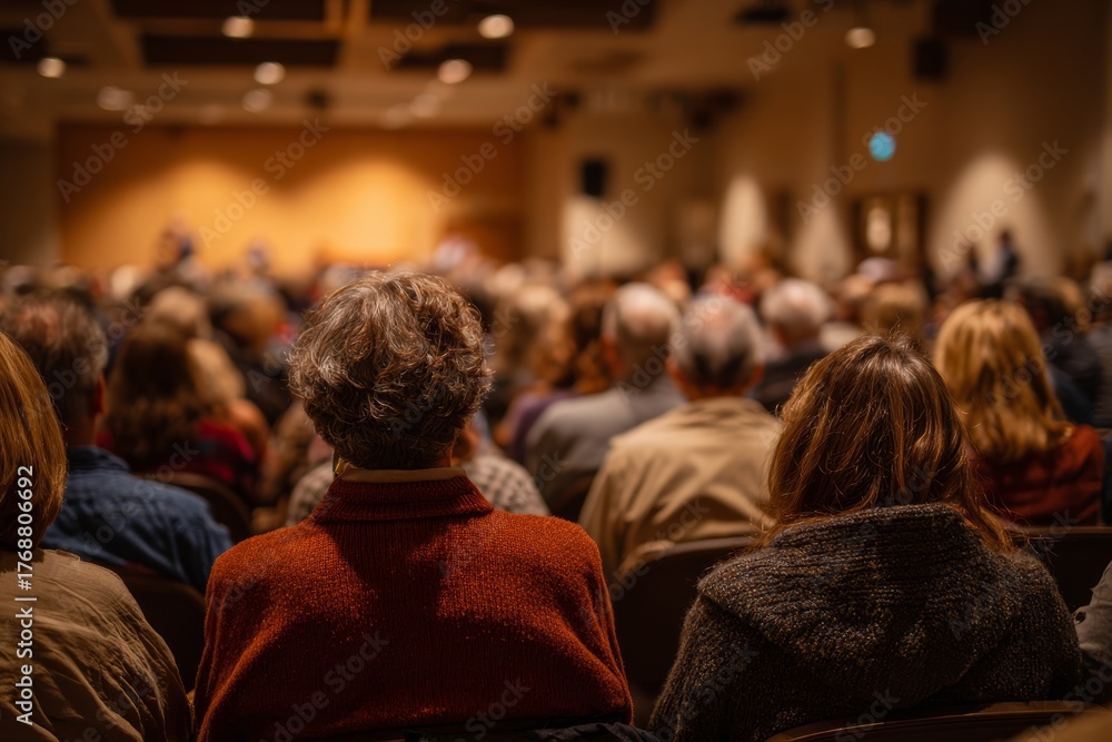 Fototapeta premium Community town hall meeting with residents seated in rows, backs to camera, warm light. People in the audience. 