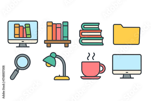 Education, office outline icon set. library, workspace essentials lightweight collection