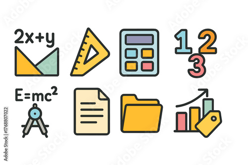 Education, school linear icon set. math, calculator, geometry tools outline graphics