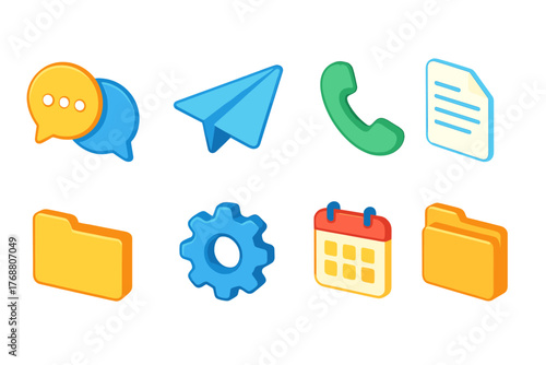 Communication and organization icon set. 3d chat, phone, and calendar icons collection.