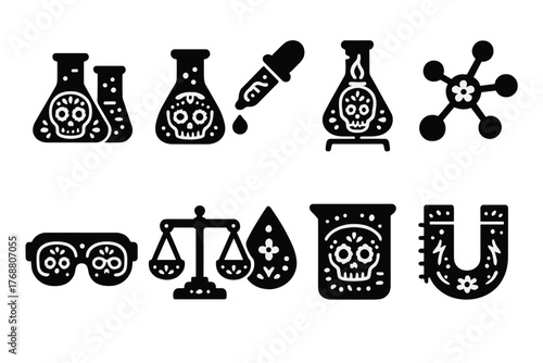 Halloween chemistry solid icon set. spooky science and laboratory icons collection