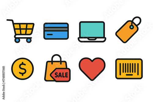 E-commerce, shopping flat icon set. online, retail, cart, commerce flat icons collection