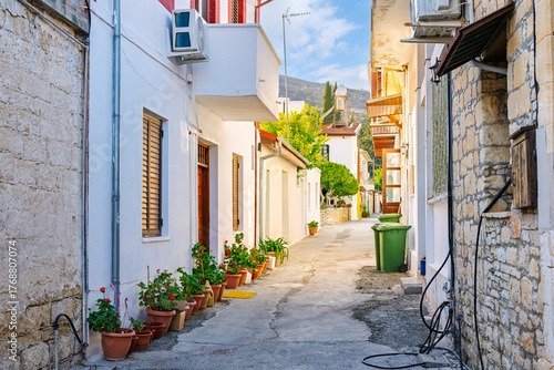 A narrow alley in the medieval village of Omodos, Cyprus, a medieval hill town in the Troodos Mountains on the Mediterranean island of Cyprus.