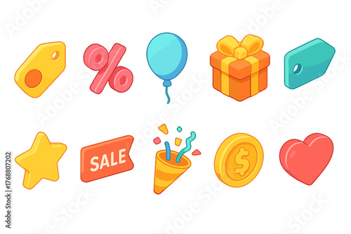 Shopping and celebration icon set. colorful, 3d symbols for retail, party, sale events