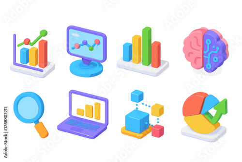 Business and data analysis 3d icon set. metrics, analytics, and growth visual set.