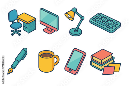 Office and workspace flat icon set. essential desktop, work tools flat collection