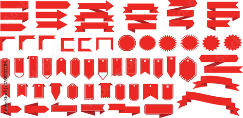 Collection of Red Ribbon Banners, Stickers, and Tags for Design and Decoration Elements