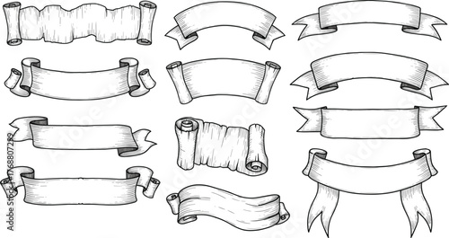 Hand-drawn vintage banners and scrolls collection. Elegant decorative blank ribbons for text, labels, and ornamental design, offering a classic old-world artistic aesthetic