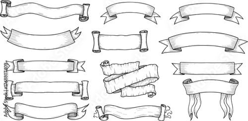 Collection of hand-drawn banners and scrolls in a vintage style, perfect for graphic design and retro themes