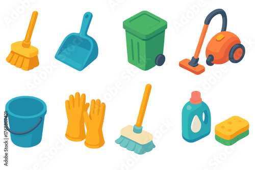 Cleaning tools 3d icon set with vacuum, brush, gloves, and mop visuals