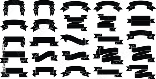 Collection of various black banner shapes and styles for design and decoration