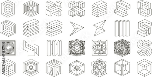 Collection of abstract geometric design elements and icons in an isometric line art style featuring cubes, hexagons, and optical illusion shapes