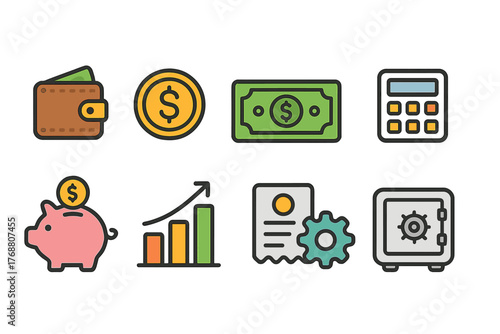 Finance and banking flat icon set. wallet, savings, calculator, money illustrations