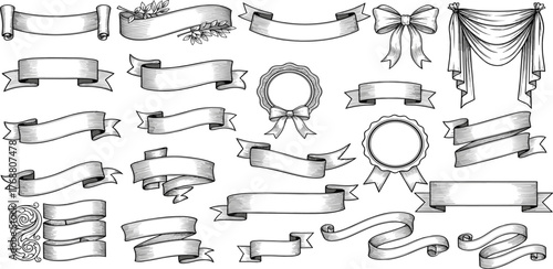 Collection of intricately designed ribbon banners and decorative elements, perfect for invitations, awards, and graphic design projects
