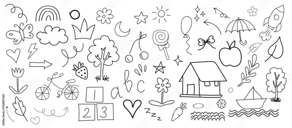 Fototapeta premium hand drawn Doodle Art Collection: A collection of various playful doodles and hand-drawn elements, perfect for adding a touch of creativity and fun to any project.
