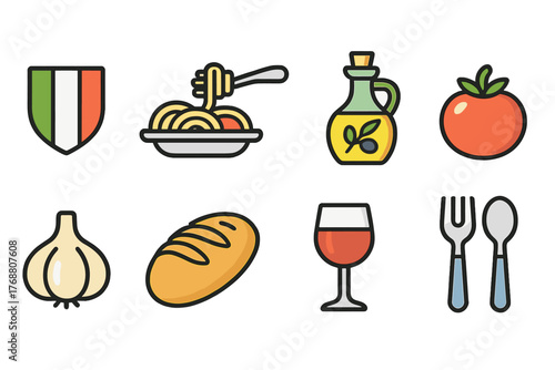 Italian cuisine icon set. flat food symbols including pasta, olive oil, and tomato