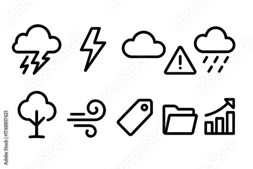Weather and nature outline icon set: clouds, trees, data visualization icons collection