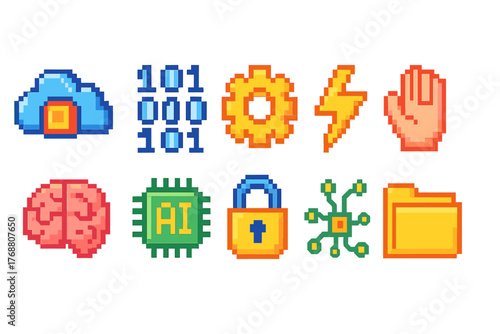 Technology, security pixel art icon set. retro, digital pixelated icons collection