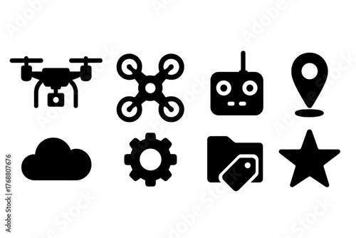 Drone technology silhouette icon set. remote control, cloud, navigation symbols.