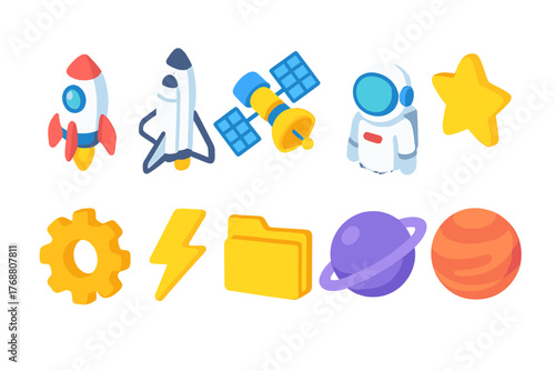 Space exploration icon set. astronaut, rocket, planet icons 3d collection