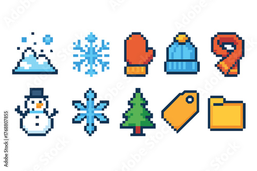 Winter, holiday pixel art icon set. seasonal, cozy icons in a retro pixel style collection