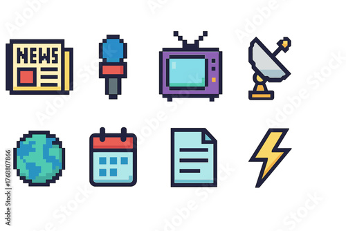 Media and communication icon set. news, broadcasting icons in flat style.